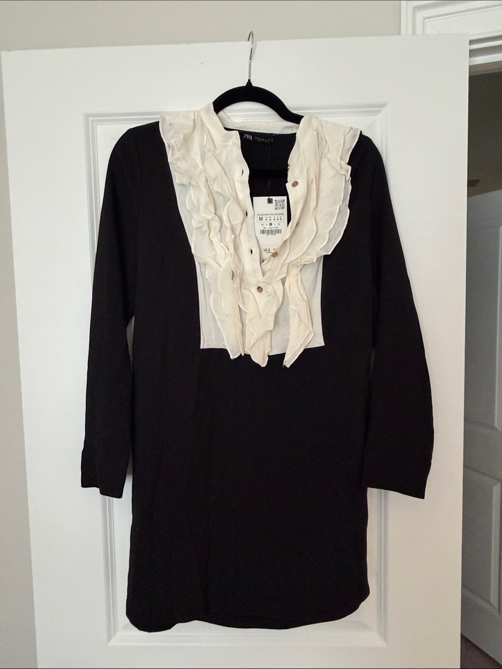 Zara Black Mini Dress with Cream Ruffle Bib